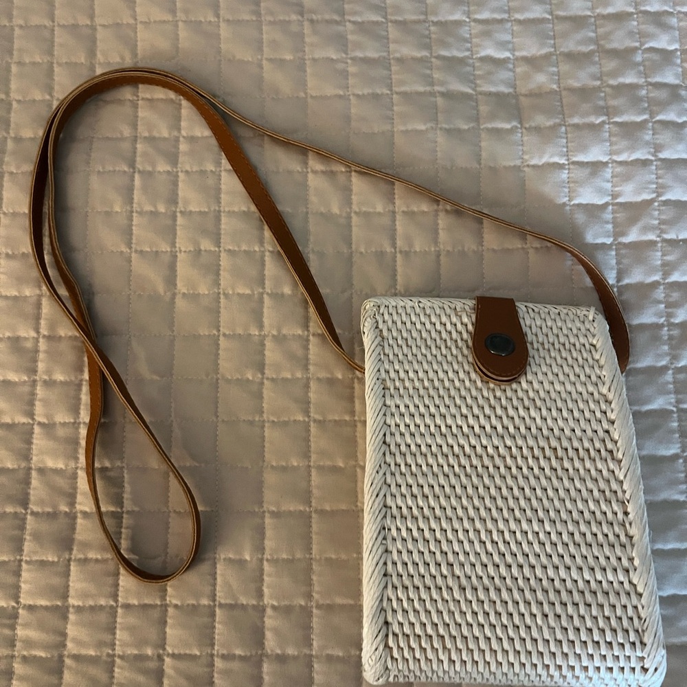 White and Tan Woven Crossbody Bag